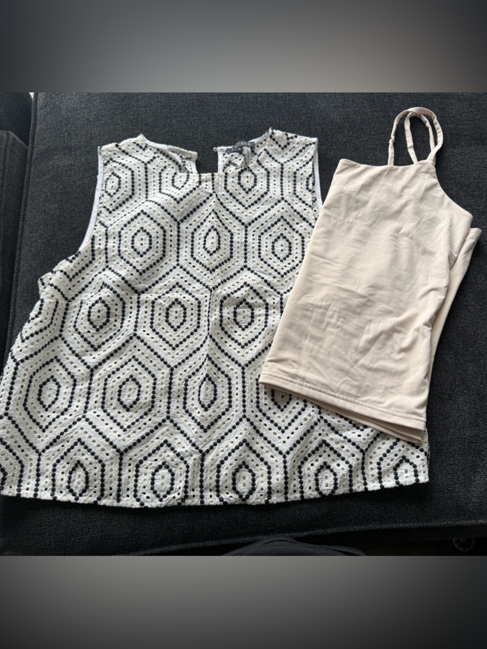 1. State Black and White Geometric Sleeveless Top with Cream Tank